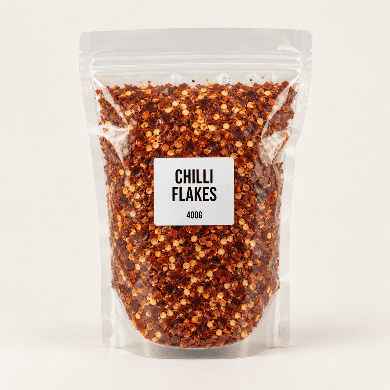 Clear pouch of red chilli flakes, 400g