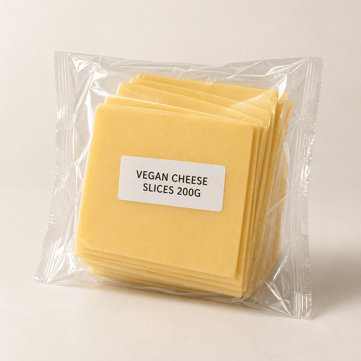 Vegan cheese slices in a clear 200g packet on a cream background