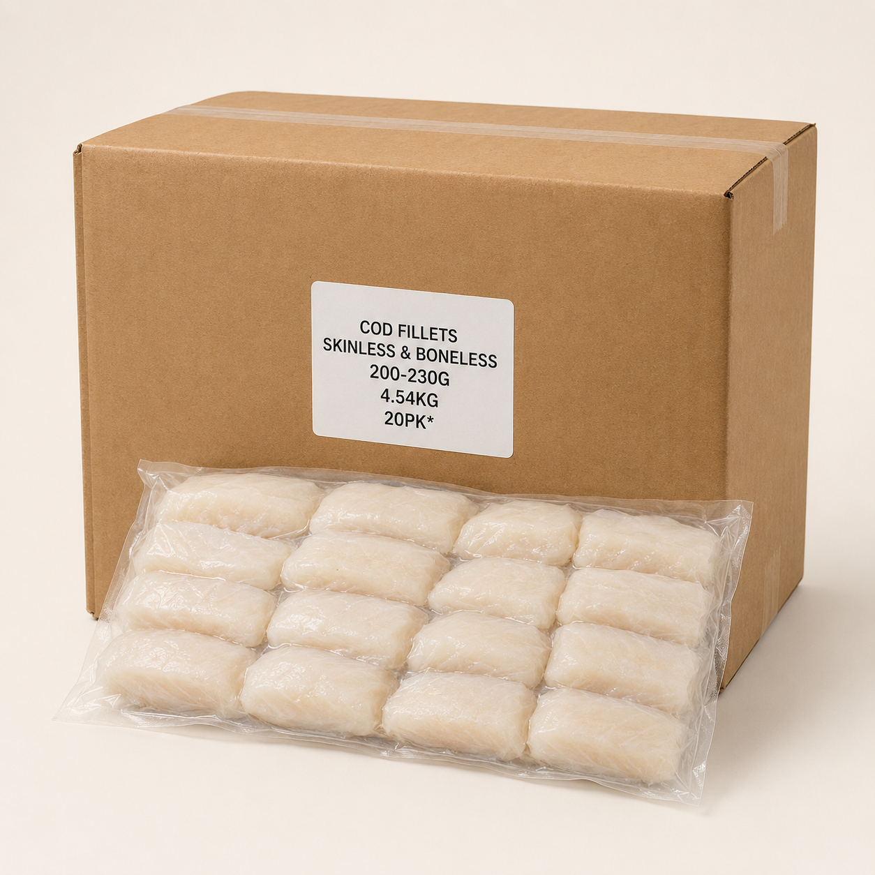 Cod fillets skinless & boneless 200-230g 4.54kg 20pk* Cod fillets skinless & boneless 200-230g 4.54kg 20pk* - Image 1