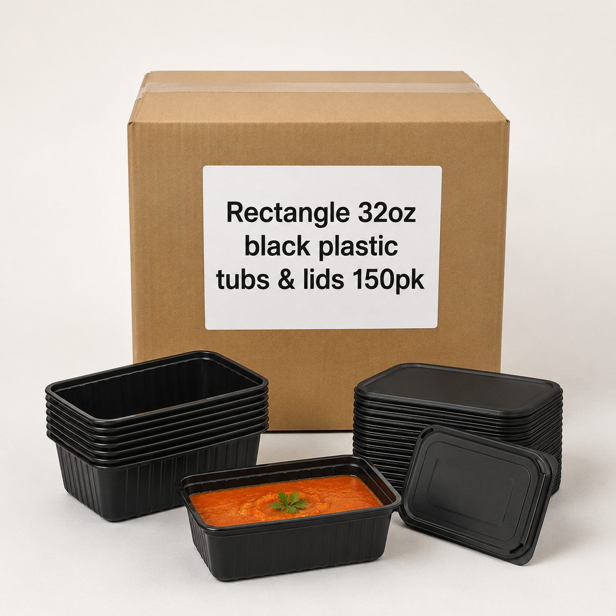 Rectangle 32oz black plastic tubs & lids 150pk Rectangle 32oz black plastic tubs & lids 150pk - Image 1