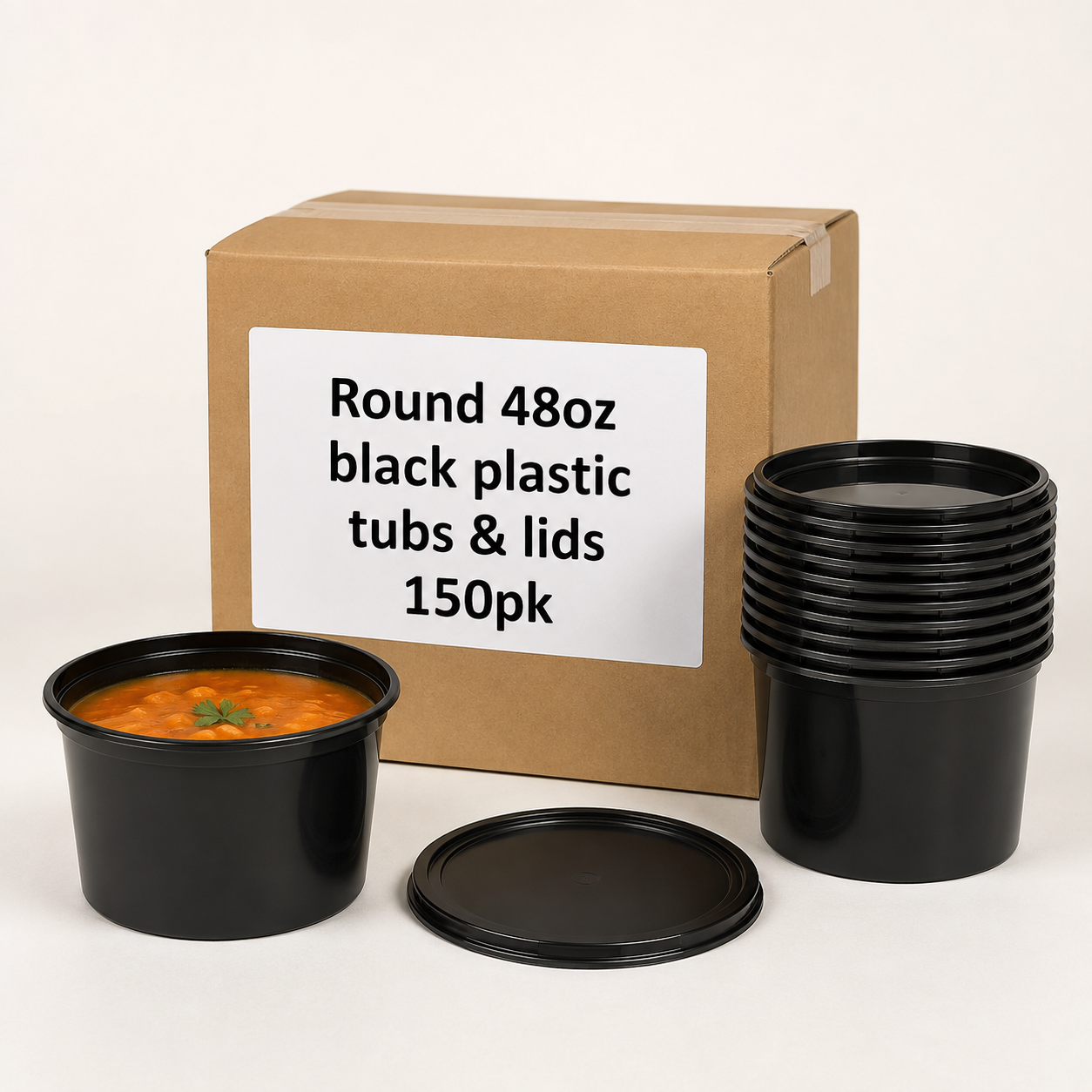 Round 48oz black plastic tubs & lids 150pk Round 48oz black plastic tubs & lids 150pk - Image 1