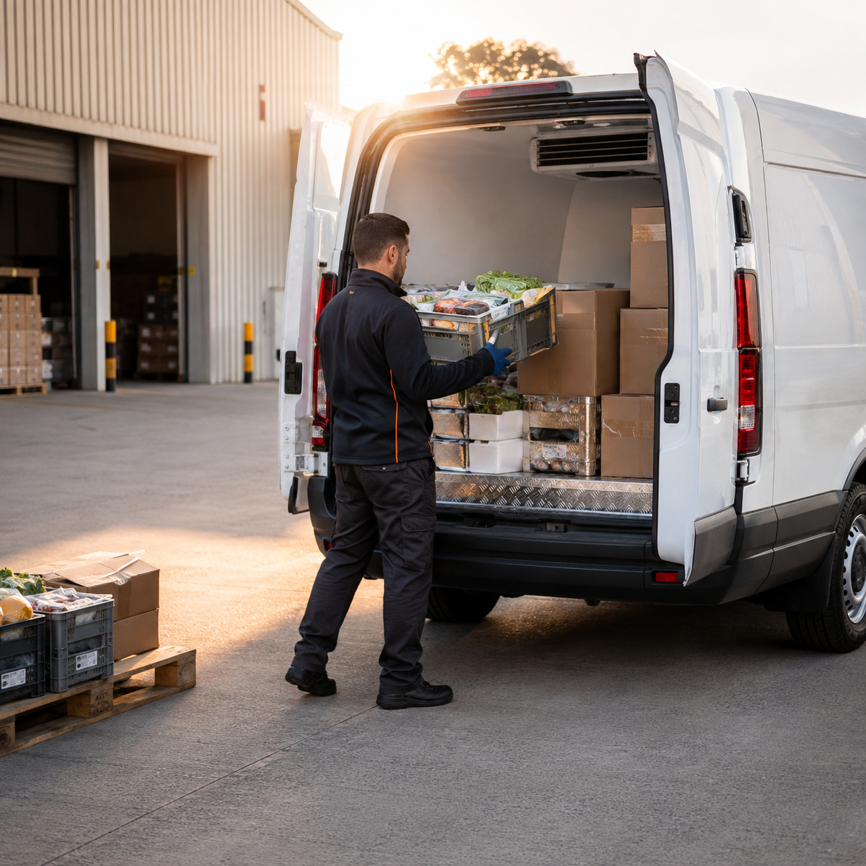Salad Days delivery driver loading catering supplies into a refrigerated van