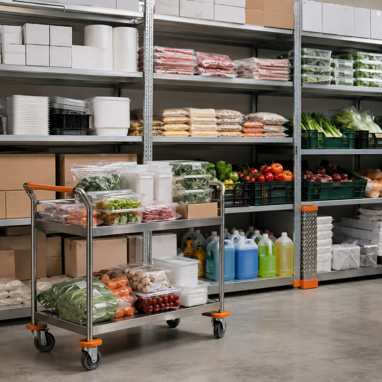 Organised foodservice products and catering supplies ready for customer orders