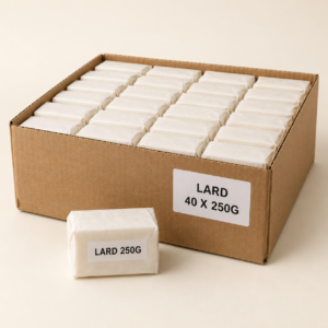 Case of forty wrapped 250g lard blocks on a cream background